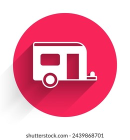 White Rv Camping trailer icon isolated with long shadow. Travel mobile home, caravan, home camper for travel. Red circle button. Vector