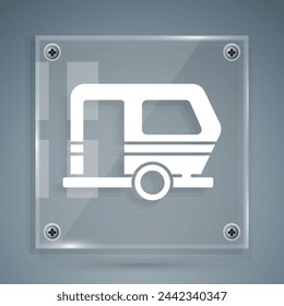 White Rv Camping trailer icon isolated on grey background. Travel mobile home, caravan, home camper for travel. Square glass panels. Vector