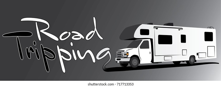 White RV recreational vehicle with the text road tripping vector illustration on black and white gradient background.