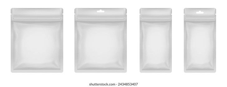 Sobre o bolsa blanca. Moqueta de bolsos de cremallera vectorial, paquetes de aluminio. Muestras de cosméticos. Máscara facial de hoja	