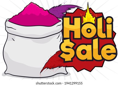 White sack with colorful powders and golden sign promoting special sales, during Holi Festival.
