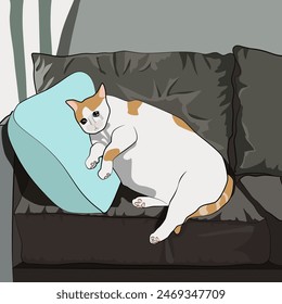 A white sad fat cat is lying on a pillow. Theme. The illustration is made mainly in cold colors. The picture conveys sadness, despair, joke.