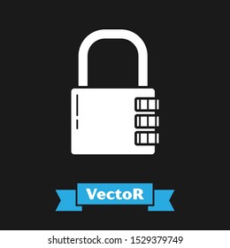 White Safe combination lock icon isolated on black background. Combination padlock. Security, safety, protection, password, privacy.  Vector Illustration