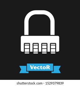 White Safe combination lock icon isolated on black background. Combination padlock. Security, safety, protection, password, privacy.  Vector Illustration