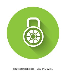 White Safe combination lock icon isolated with long shadow. Combination padlock. Security, safety, protection, password, privacy. Green circle button. Vector