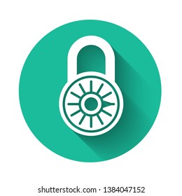 White Safe combination lock wheel icon isolated with long shadow. Combination padlock. Security, safety, protection, password, privacy concept. Green circle button. Vector Illustration