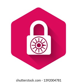 White Safe combination lock wheel icon isolated with long shadow. Combination padlock. Security, safety, protection, password, privacy concept. Pink hexagon button. Vector Illustration