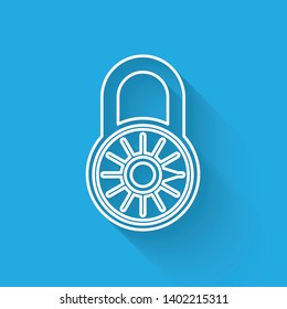 White Safe combination lock wheel line icon isolated with long shadow. Combination padlock. Security, safety, protection, password, privacy concept. Vector Illustration