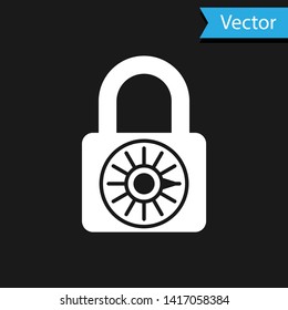 White Safe combination lock wheel icon isolated on black background. Combination padlock. Security, safety, protection, password, privacy concept. Vector Illustration