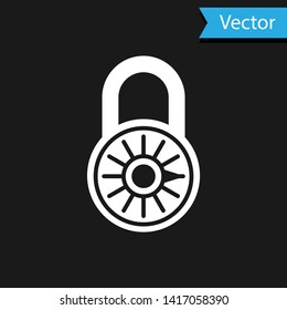 White Safe combination lock wheel icon isolated on black background. Combination padlock. Security, safety, protection, password, privacy concept. Vector Illustration