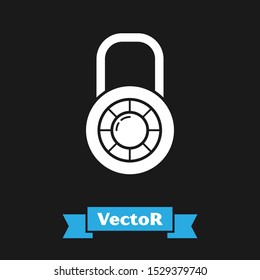 White Safe combination lock wheel icon isolated on black background. Combination padlock. Security, safety, protection, password, privacy.  Vector Illustration