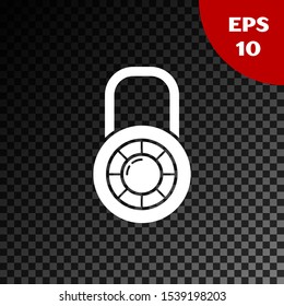 White Safe combination lock wheel icon isolated on transparent dark background. Combination padlock. Security, safety, protection, password, privacy.  Vector Illustration