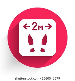 White Safe distance icon isolated with long shadow. Viruses and people keeping distance for infection risk. Red circle button. Vector