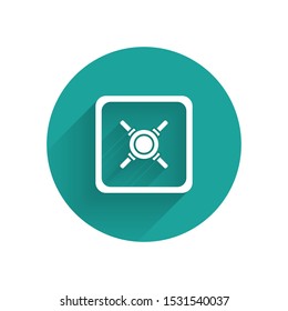 White Safe icon isolated with long shadow. The door safe a bank vault with a combination lock. Reliable Data Protection. Green circle button. Vector Illustration