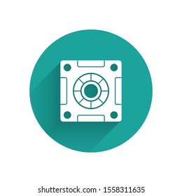 White Safe icon isolated with long shadow. The door safe a bank vault with a combination lock. Reliable Data Protection. Green circle button. Vector Illustration