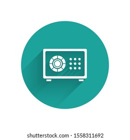 White Safe icon isolated with long shadow. The door safe a bank vault with a combination lock. Reliable Data Protection. Green circle button. Vector Illustration