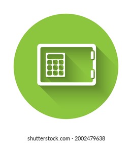 White Safe icon isolated with long shadow. The door safe a bank vault with a combination lock. Reliable Data Protection. Green circle button. Vector