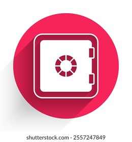 White Safe icon isolated with long shadow background. The door safe a bank vault with a combination lock. Reliable Data Protection. Red circle button. Vector