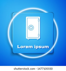 White Safe icon isolated on blue background. The door safe a bank vault with a combination lock. Reliable Data Protection. Blue square button. Vector Illustration