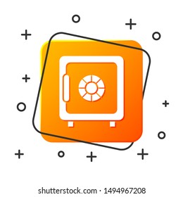 White Safe icon isolated on white background. The door safe a bank vault with a combination lock. Reliable Data Protection. Orange square button. Vector Illustration