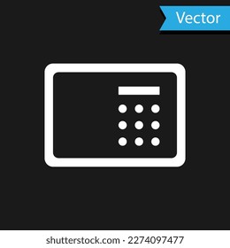 Weißes Safe-Symbol einzeln auf schwarzem Hintergrund. Die Tür sichert eine Bank mit einem Kombinationsschloss. Zuverlässiger Datenschutz.  Vektorgrafik