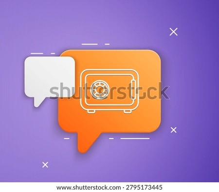 White Safe icon isolated on purple background. The door safe a bank vault with a combination lock. Reliable Data Protection. Orange speech bubble symbol. Vector