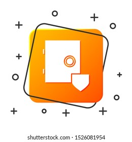 White Safe with shield icon isolated on white background. Insurance concept. Security, safety, protection, protect concept. Orange square button. Vector Illustration