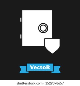White Safe with shield icon isolated on black background. Insurance concept. Security, safety, protection, protect concept.  Vector Illustration