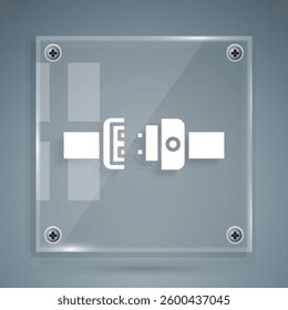 White Safety belt icon isolated on grey background. Seat belt. Square glass panels. Vector Illustration