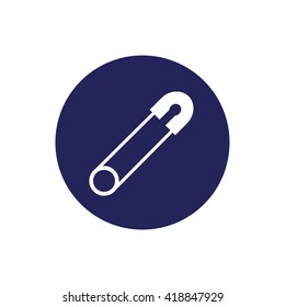White safety pin icon vector. Blue circle. Blue button