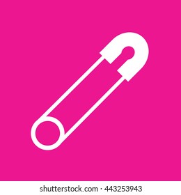 White safety pin icon vector. Pink background