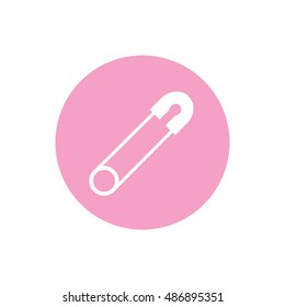 White safety pin icon vector. Pink circle. Pink button