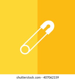 White safety pin vector icon. Yellow background
