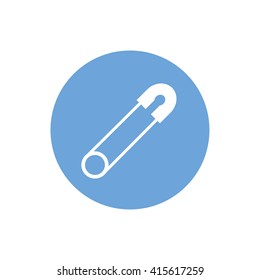 White safety pin vector icon. Blue circle. Blue button