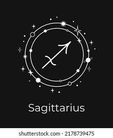 Signo de sagitario blanco con planetas y estrellas en fondo negro