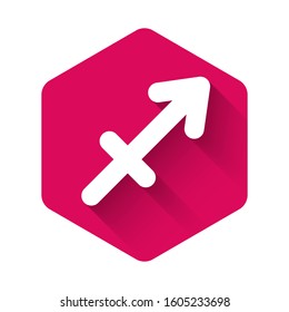 White Sagittarius zodiac sign icon isolated with long shadow. Astrological horoscope collection. Pink hexagon button. Vector Illustration