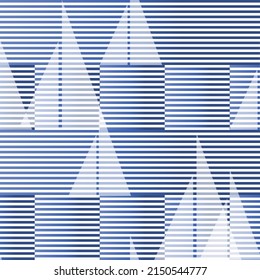 White Sail Boats On A Striped White And Blue Background. Seamless Vector Pattern. 