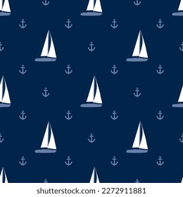 White sail yacht boat regatta vector seamless pattern. Vessel equipment - anchor. Summer marine fabric print. Small ship, sail yacht endless ornament. Sport regatta illustration,