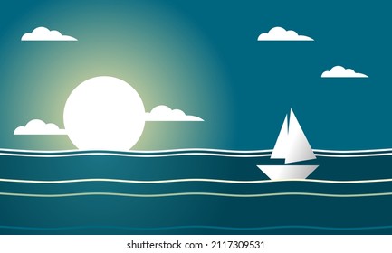 Barco blanco flotando en el océano azul con luna llena en diseño de icono plano nocturno.