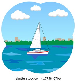 White sailboat floating on the river against the backdrop of the embankment and the city. Vector illustration