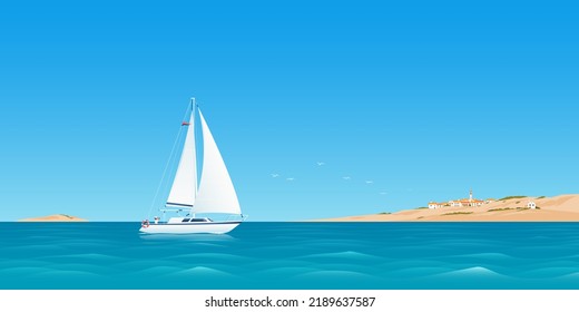 White sailboat is floating at sea near an island with a city in the Mediterranean style. Vector illustration.