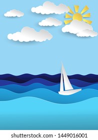White sailboat on ocean waves. Sun and clouds in the bright blue sky. sea voyage. Vector illustration in paper cut style.