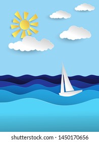 White sailboat on ocean waves. Sun and clouds in the bright blue sky. sea voyage. Vector illustration in paper cut style.