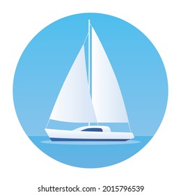 White sailboat or sailing yacht at sea vector icon round frame shape