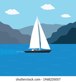 White sailboat in the sea, beautiful background, vector illustration, summer landscape