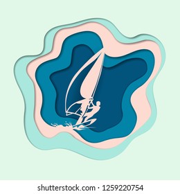 White sailboat . Sea landscape. Paper cut art digital craft style. Vector illustration