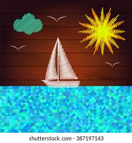 White sailboat in the sea, the sun, seagulls, summer drawing