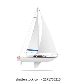 White sailboat is in a side view with blue stripes isolated on a white background. Vector illustration.