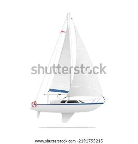 White sailboat is in a side view with blue stripes isolated on a white background. Vector illustration.