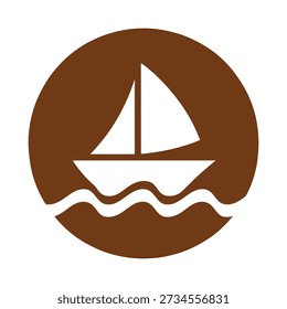 A white sailboat with two sails is depicted on wavy water, all within a brown circular background.